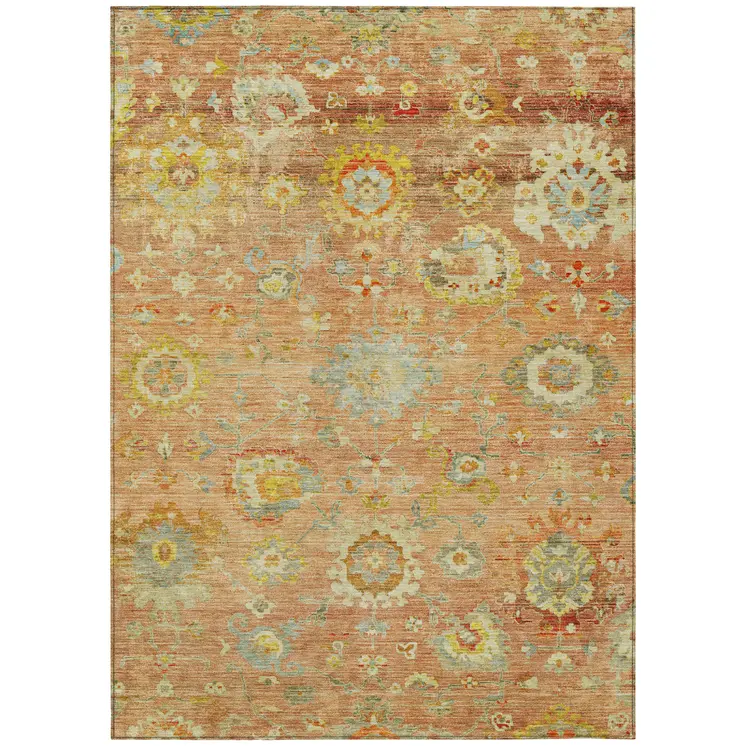 3' X 5' Coral Blue And Green Floral Washable Indoor Outdoor Area Rug