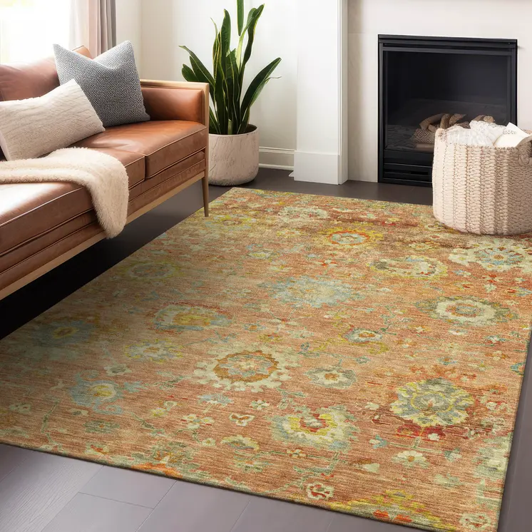 3' X 5' Coral Blue And Green Floral Washable Indoor Outdoor Area Rug