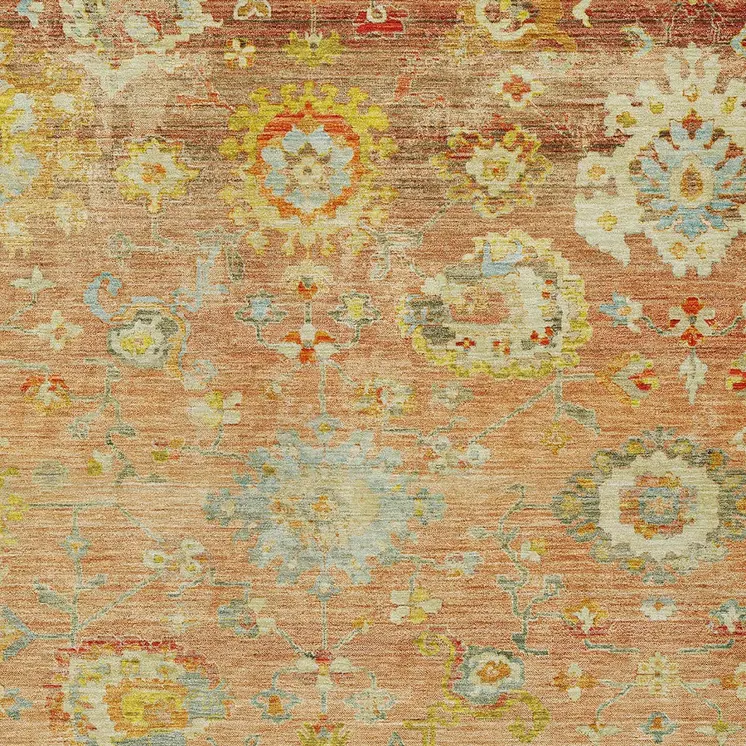 5' X 8' Coral Blue And Green Floral Washable Indoor Outdoor Area Rug