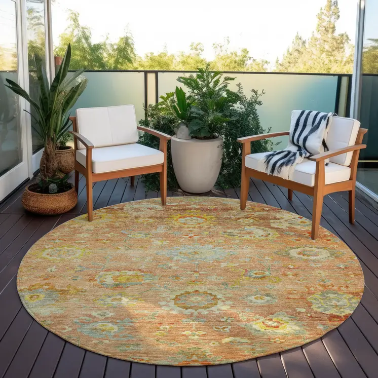 8' Coral Blue And Green Round Floral Washable Indoor Outdoor Area Rug