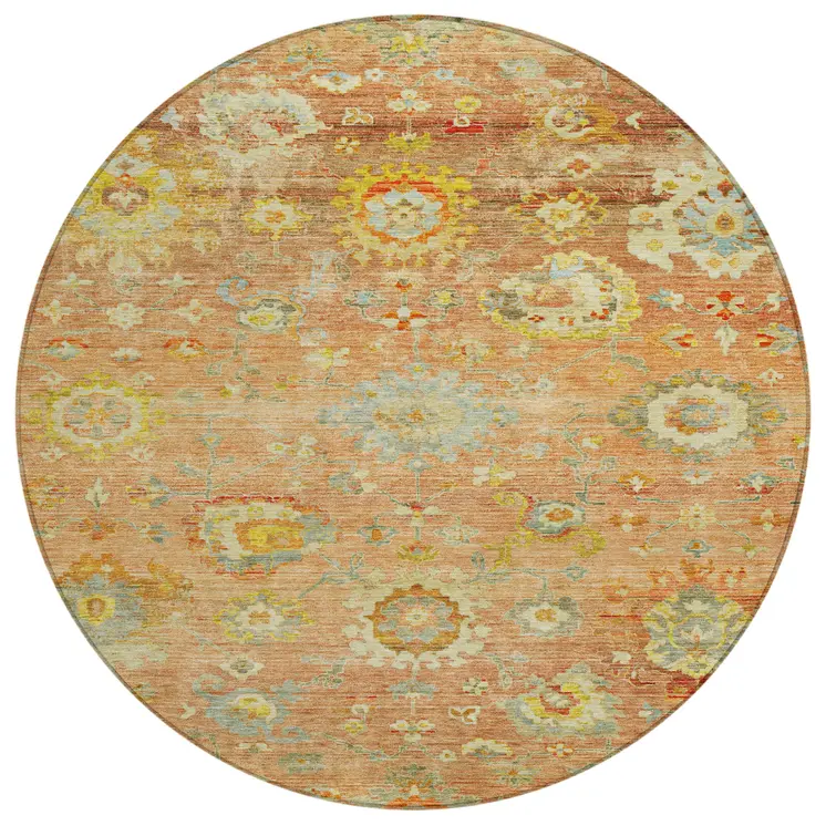 8' Coral Blue And Green Round Floral Washable Indoor Outdoor Area Rug