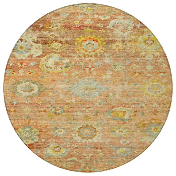 8' Coral Blue And Green Round Floral Washable Indoor Outdoor Area Rug