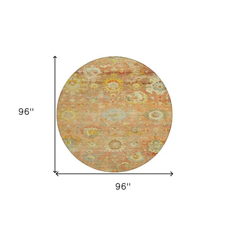 8' Coral Blue And Green Round Floral Washable Indoor Outdoor Area Rug