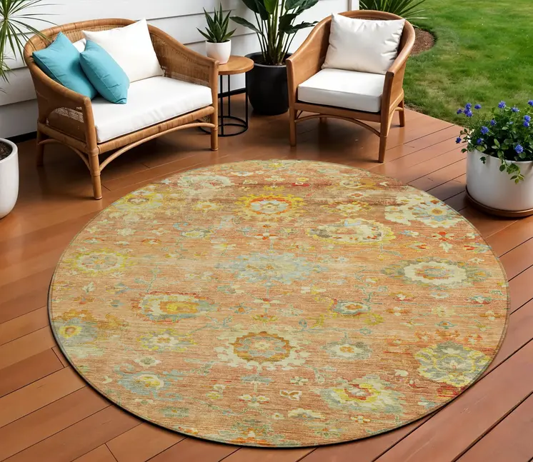 8' Coral Blue And Green Round Floral Washable Indoor Outdoor Area Rug