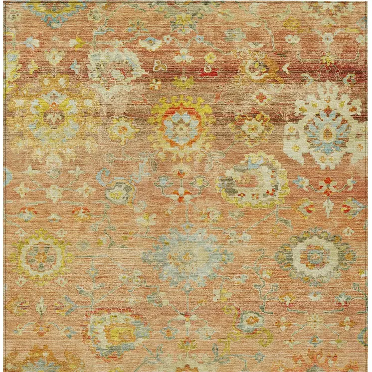 8' X 10' Coral Blue And Green Floral Washable Indoor Outdoor Area Rug