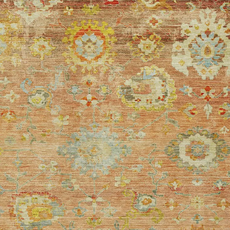 9' X 12' Coral Blue And Green Floral Washable Indoor Outdoor Area Rug