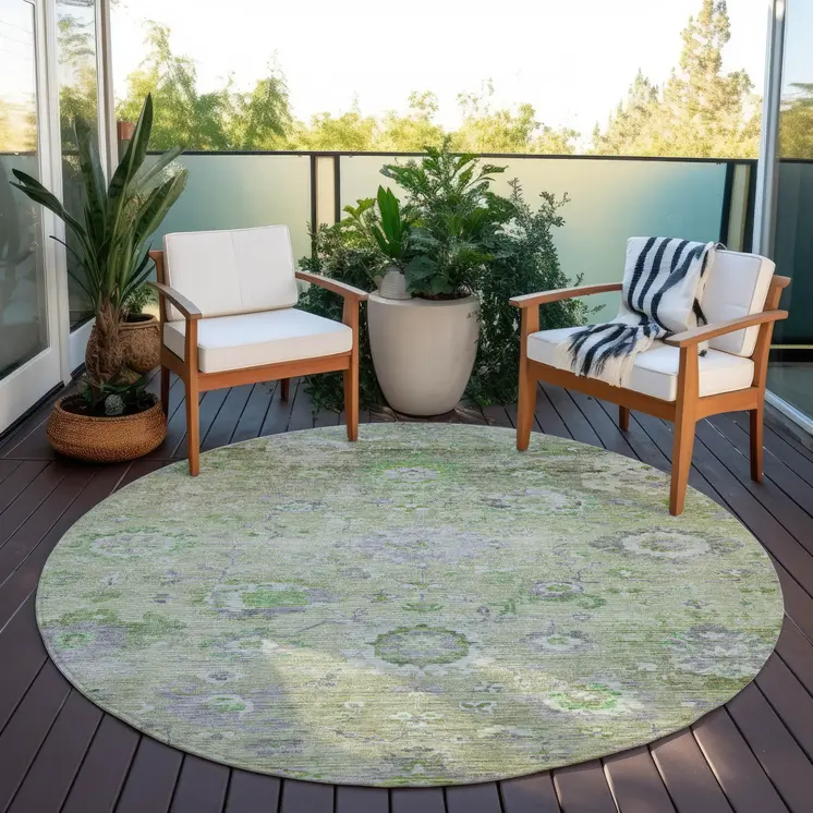 8' Mint Green And Gray Round Floral Washable Indoor Outdoor Area Rug