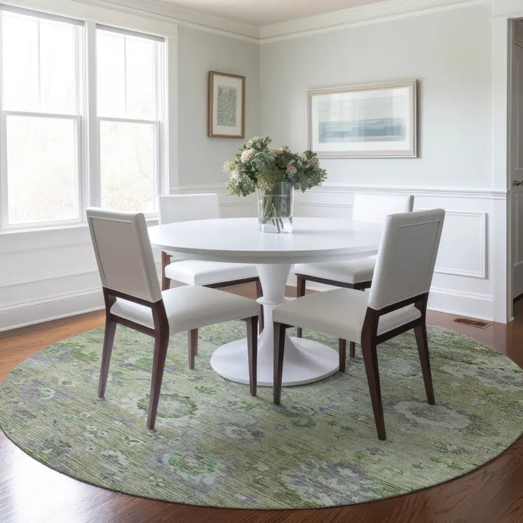 8' Mint Green And Gray Round Floral Washable Indoor Outdoor Area Rug
