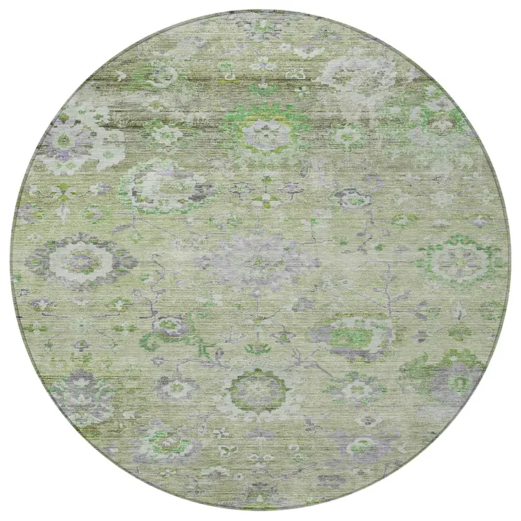 8' Mint Green And Gray Round Floral Washable Indoor Outdoor Area Rug