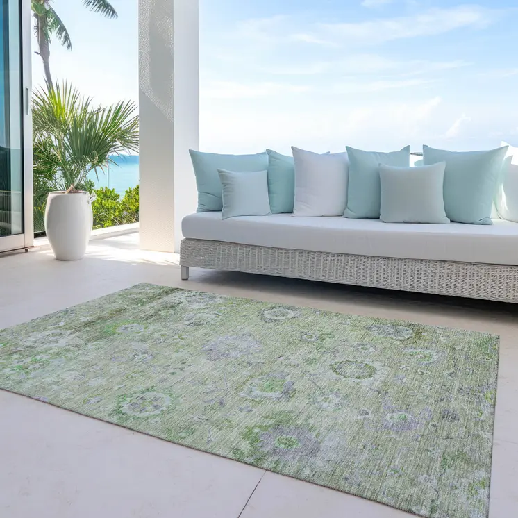 8' X 10' Mint Green And Gray Floral Washable Indoor Outdoor Area Rug
