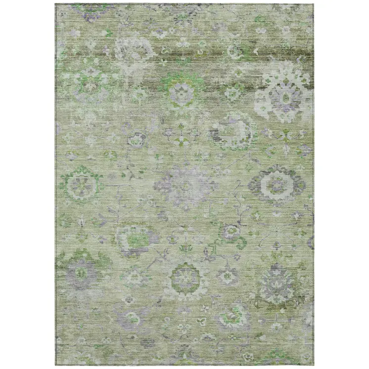 8' X 10' Mint Green And Gray Floral Washable Indoor Outdoor Area Rug