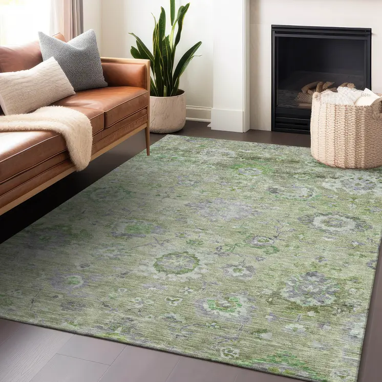 8' X 10' Mint Green And Gray Floral Washable Indoor Outdoor Area Rug