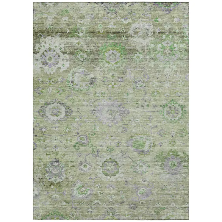 9' X 12' Mint Green And Gray Floral Washable Indoor Outdoor Area Rug