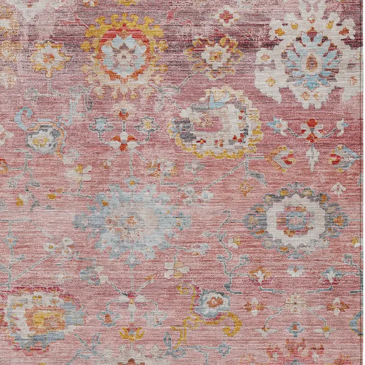 5' X 8' Pink Gray And Gold Floral Washable Indoor Outdoor Area Rug