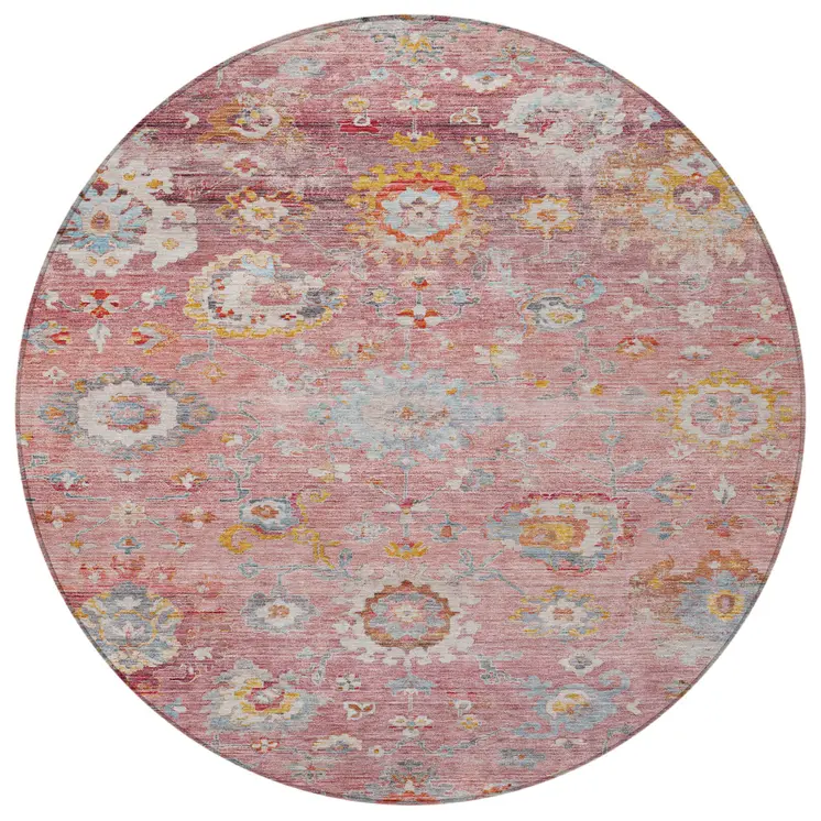 8' Pink Gray And Gold Round Floral Washable Indoor Outdoor Area Rug