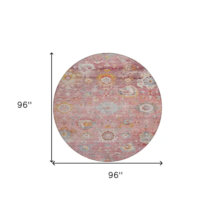 8' Pink Gray And Gold Round Floral Washable Indoor Outdoor Area Rug