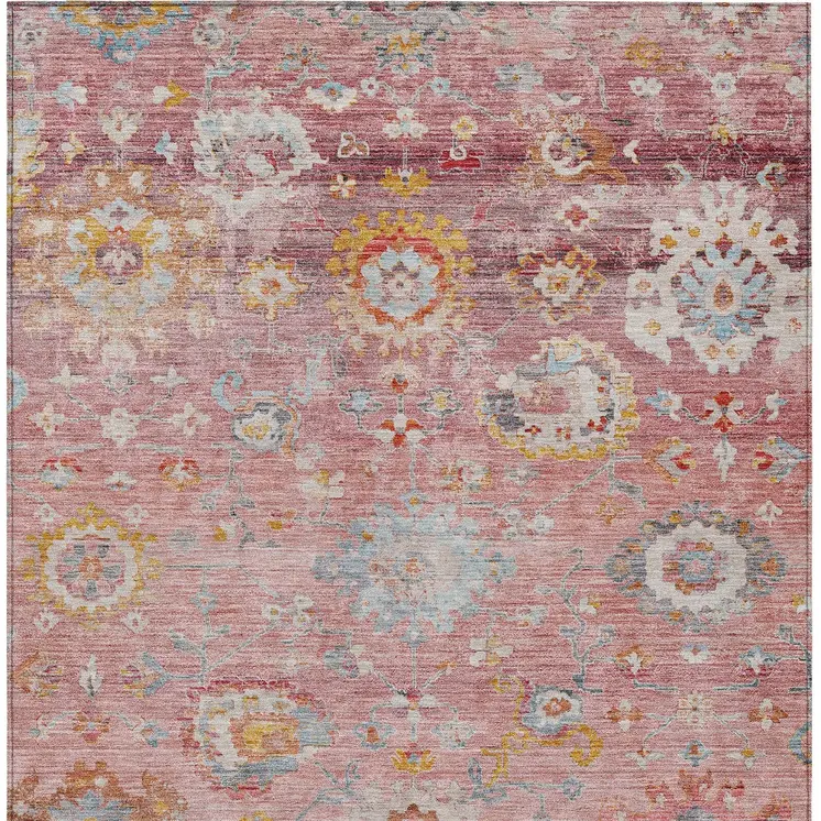 9' X 12' Pink Gray And Gold Floral Washable Indoor Outdoor Area Rug