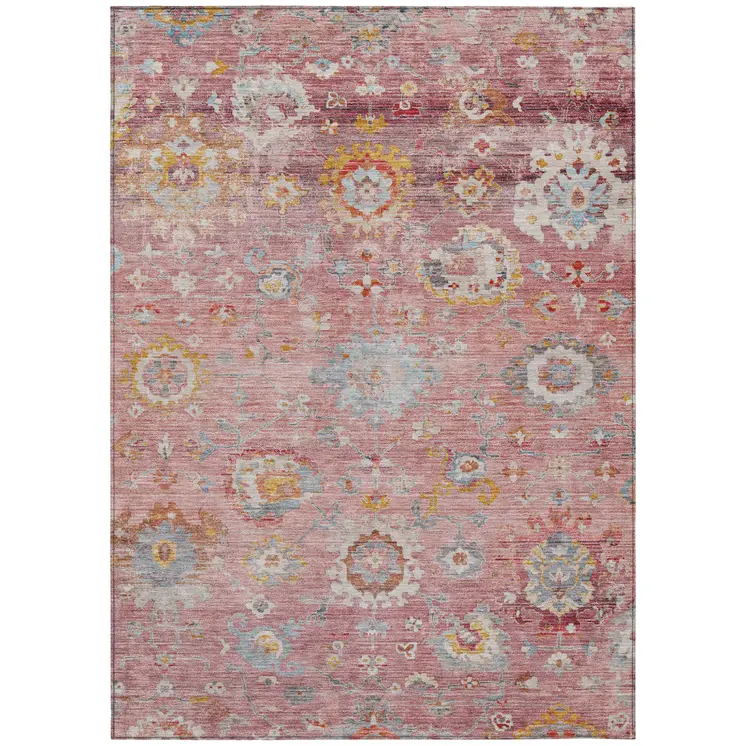9' X 12' Pink Gray And Gold Floral Washable Indoor Outdoor Area Rug