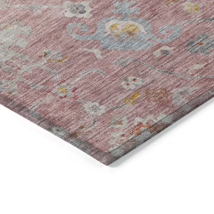 9' X 12' Pink Gray And Gold Floral Washable Indoor Outdoor Area Rug