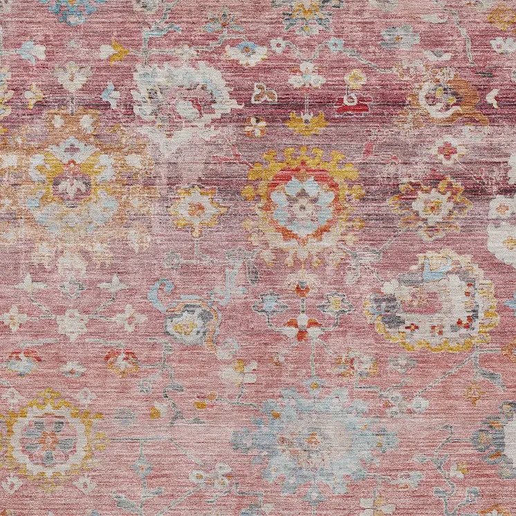 9' X 12' Pink Gray And Gold Floral Washable Indoor Outdoor Area Rug