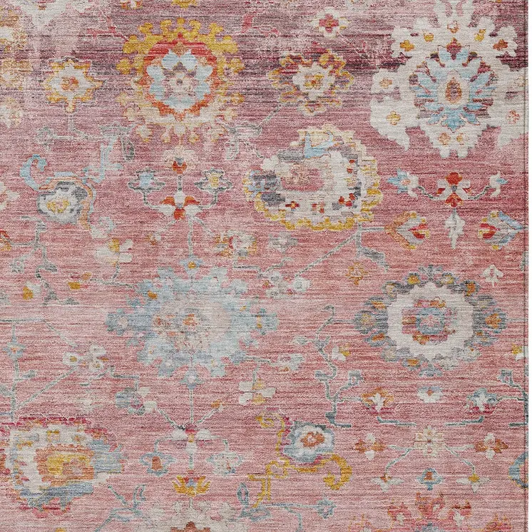 10' X 14' Pink Gray And Gold Floral Washable Indoor Outdoor Area Rug