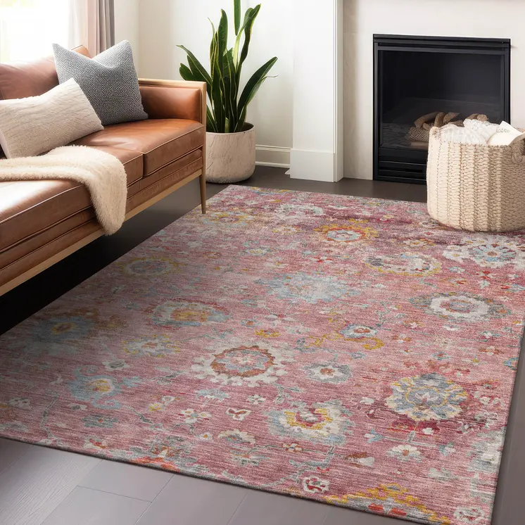 10' X 14' Pink Gray And Gold Floral Washable Indoor Outdoor Area Rug