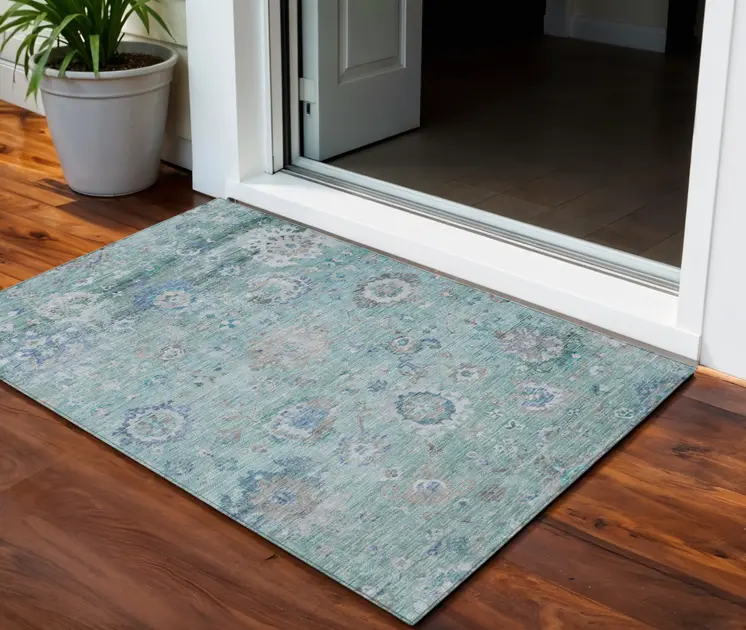 3' X 5' Blue And Gray Floral Washable Indoor Outdoor Area Rug
