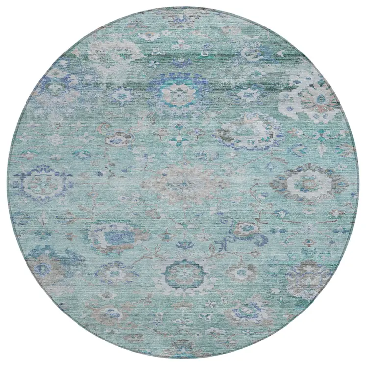 8' Blue And Gray Round Floral Washable Indoor Outdoor Area Rug