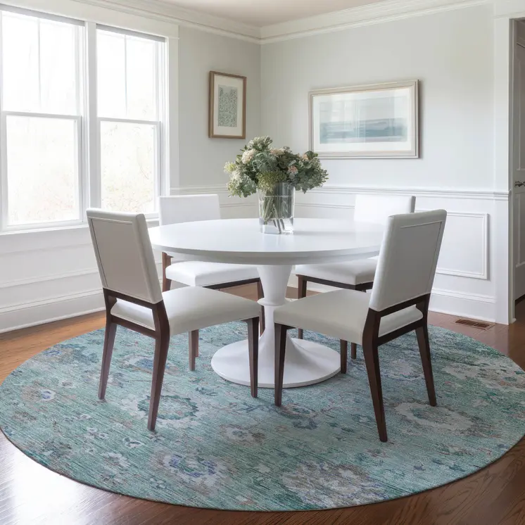 8' Blue And Gray Round Floral Washable Indoor Outdoor Area Rug