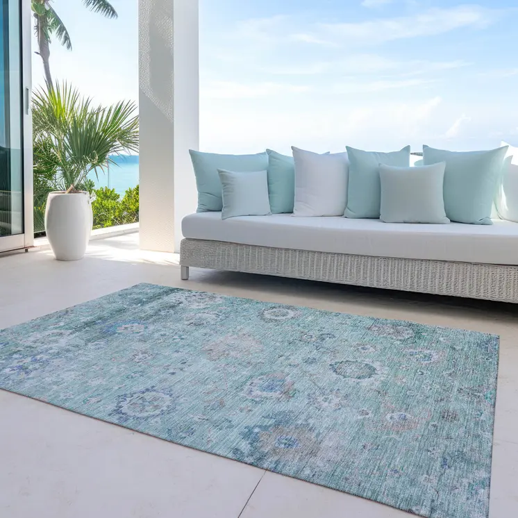 9' X 12' Blue And Gray Floral Washable Indoor Outdoor Area Rug