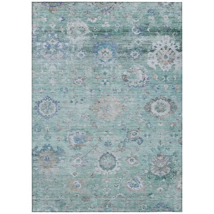 9' X 12' Blue And Gray Floral Washable Indoor Outdoor Area Rug