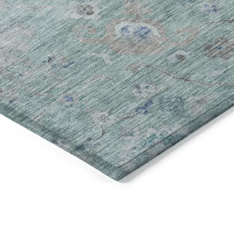 9' X 12' Blue And Gray Floral Washable Indoor Outdoor Area Rug