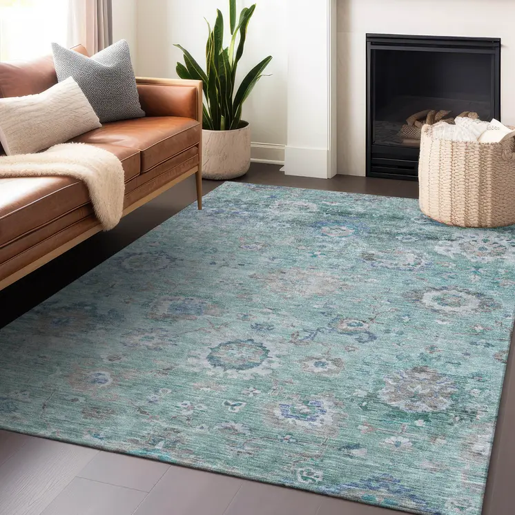 9' X 12' Blue And Gray Floral Washable Indoor Outdoor Area Rug