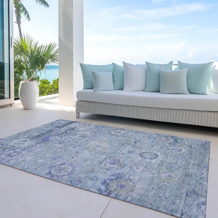 3' X 5' Sky Blue Purple And Gray Floral Washable Indoor Outdoor Area Rug
