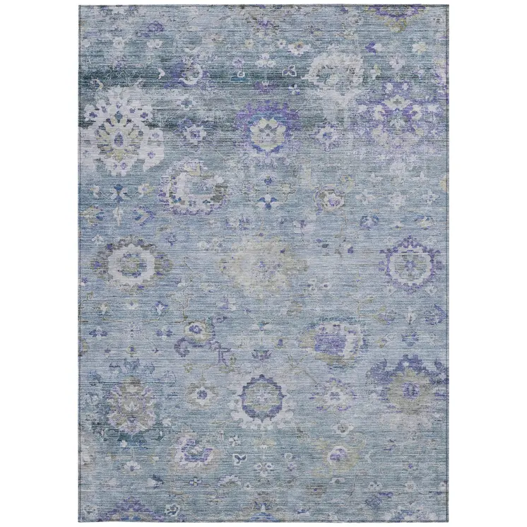 3' X 5' Sky Blue Purple And Gray Floral Washable Indoor Outdoor Area Rug