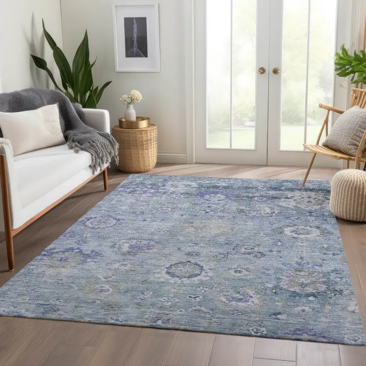 3' X 5' Sky Blue Purple And Gray Floral Washable Indoor Outdoor Area Rug