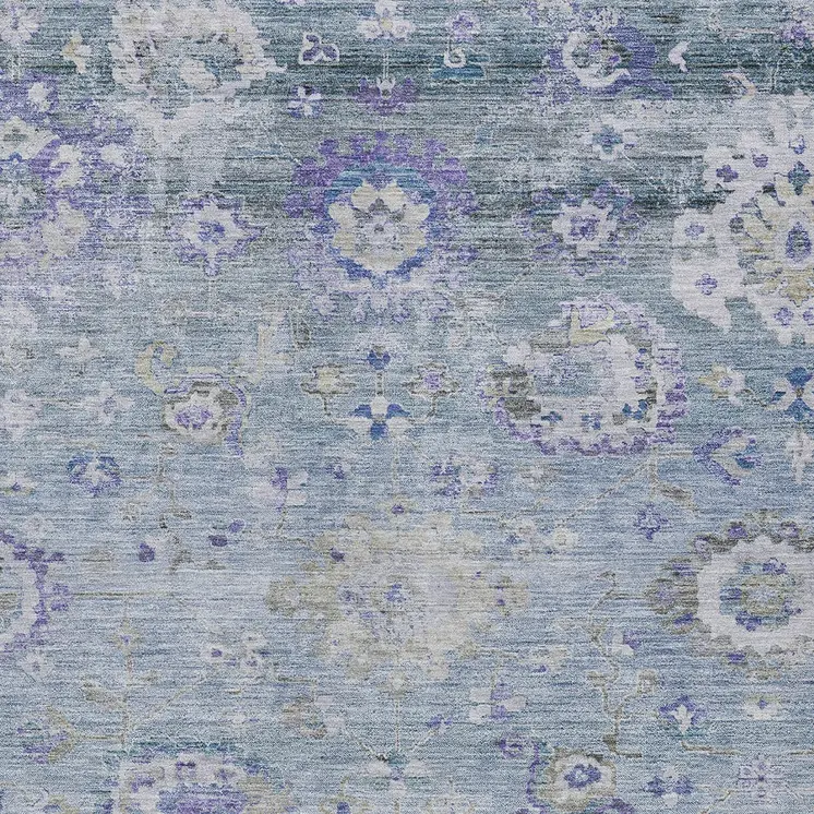 5' X 8' Sky Blue Purple And Gray Floral Washable Indoor Outdoor Area Rug