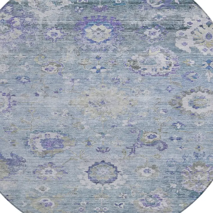 8' Sky Blue Purple And Gray Round Floral Washable Indoor Outdoor Area Rug