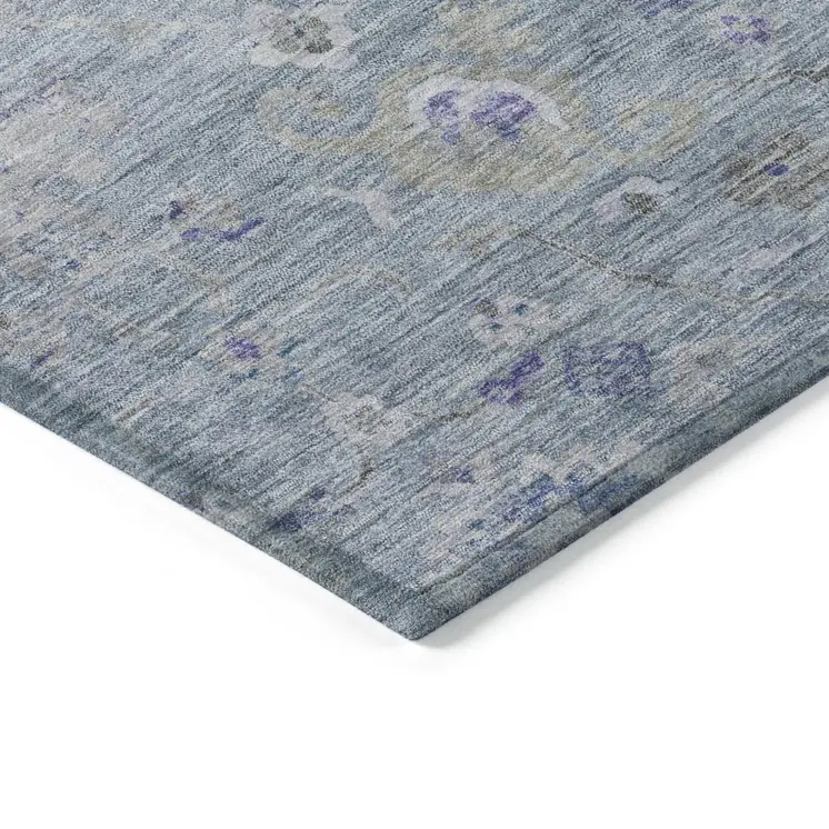 9' X 12' Sky Blue Purple And Gray Floral Washable Indoor Outdoor Area Rug