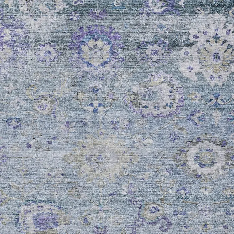 9' X 12' Sky Blue Purple And Gray Floral Washable Indoor Outdoor Area Rug