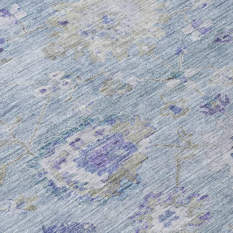 9' X 12' Sky Blue Purple And Gray Floral Washable Indoor Outdoor Area Rug