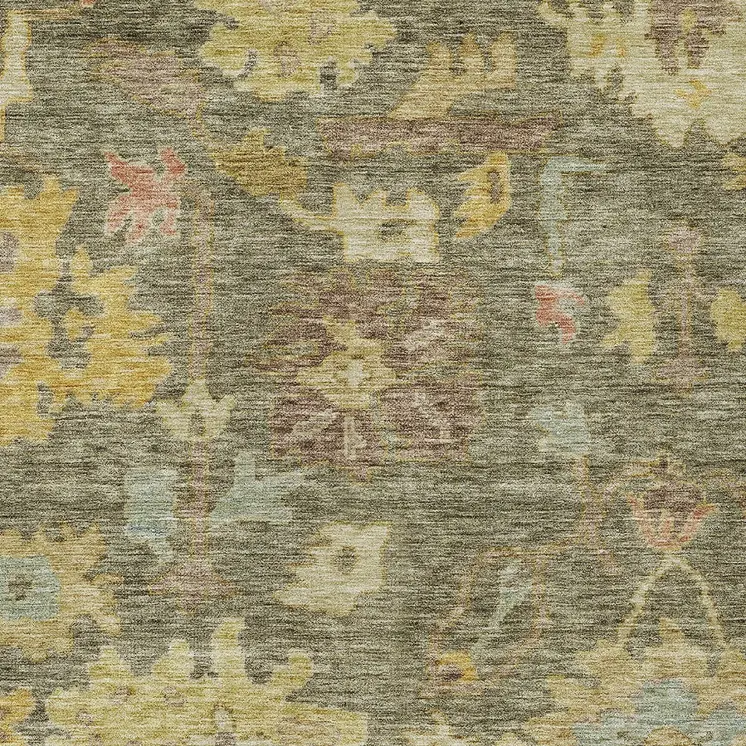 5' X 8' Artichoke Green Coral And Brown Floral Washable Indoor Outdoor Area Rug