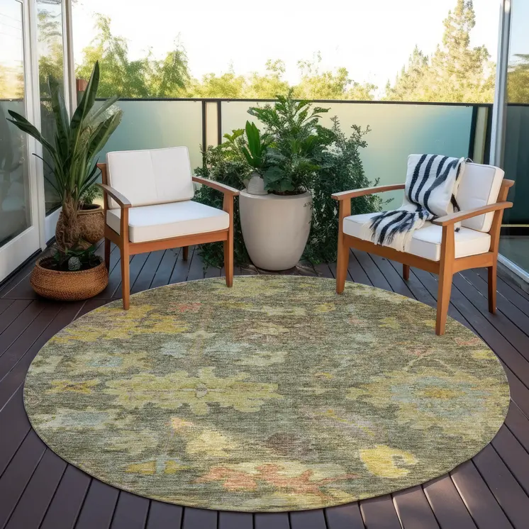 8' Artichoke Green Coral And Brown Round Floral Washable Indoor Outdoor Area Rug