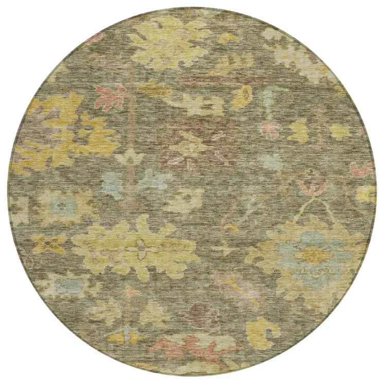 8' Artichoke Green Coral And Brown Round Floral Washable Indoor Outdoor Area Rug