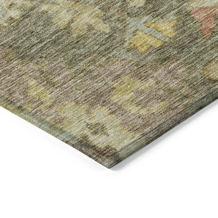 8' Artichoke Green Coral And Brown Round Floral Washable Indoor Outdoor Area Rug