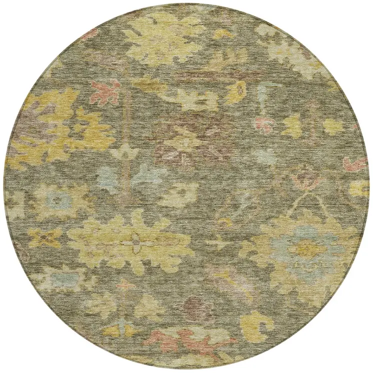 8' Artichoke Green Coral And Brown Round Floral Washable Indoor Outdoor Area Rug