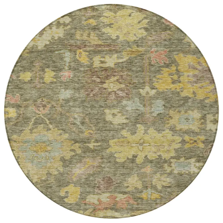 8' Artichoke Green Coral And Brown Round Floral Washable Indoor Outdoor Area Rug