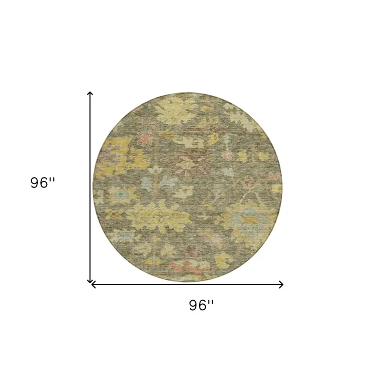 8' Artichoke Green Coral And Brown Round Floral Washable Indoor Outdoor Area Rug