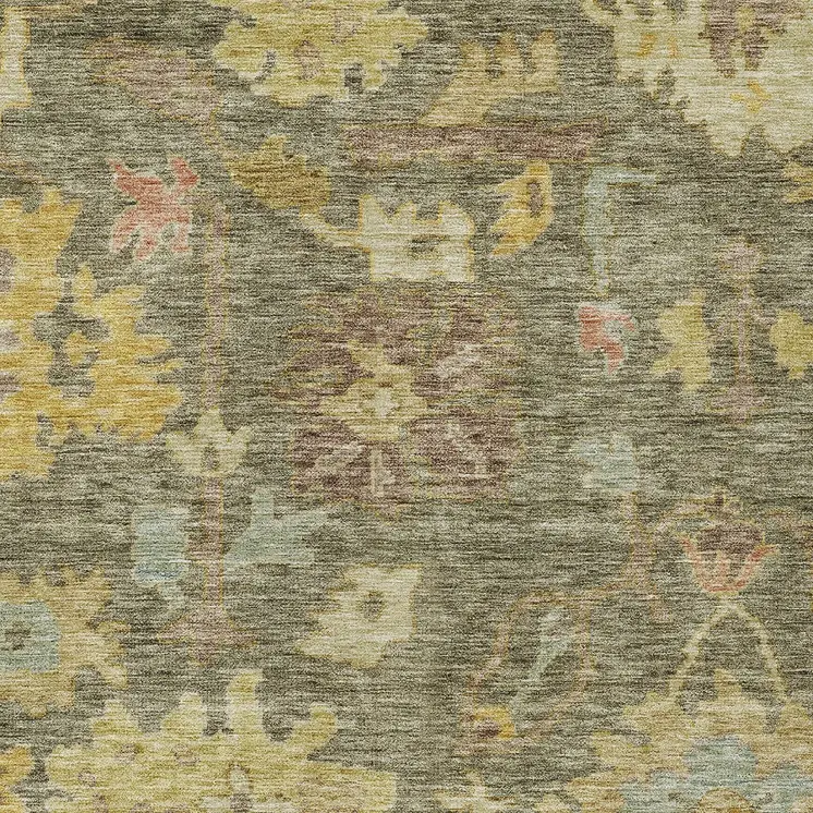 9' X 12' Artichoke Green Coral And Brown Floral Washable Indoor Outdoor Area Rug