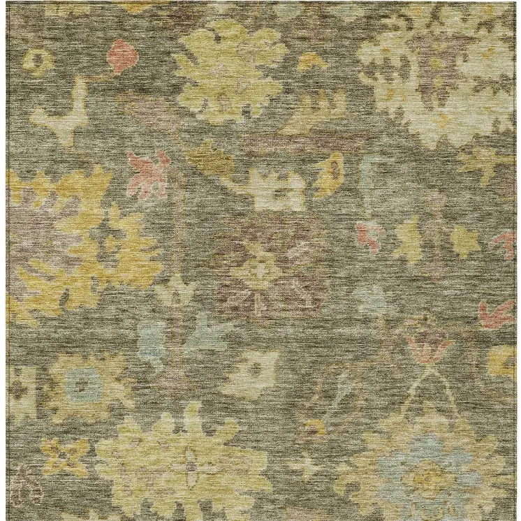 10' X 14' Artichoke Green Coral And Brown Floral Washable Indoor Outdoor Area Rug